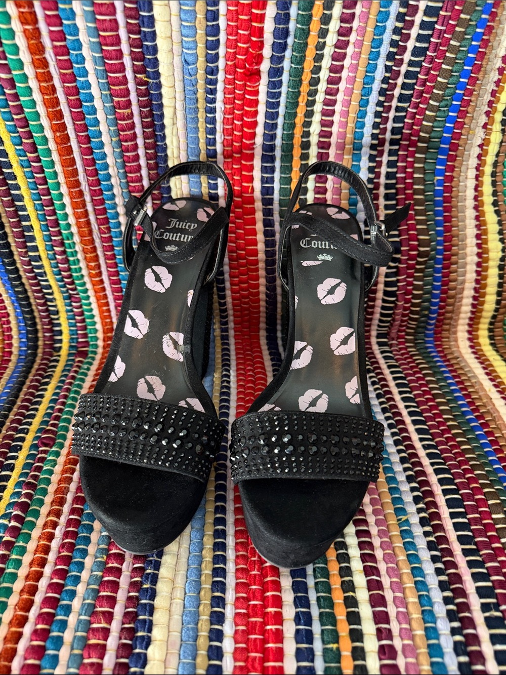 Juicy Couture Black rhinestone Platform  Strap Open-Toe Heels